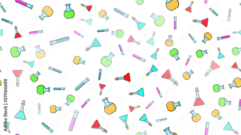 Seamless pattern texture of endless repeating multi-colored medical chemical glass scientific test tubes of flasks of different shapes on white background. Vector illustration Seamless pattern texture of endless repeating multi-colored medical chemical glass scientific test tubes of flasks of different shapes on white background. Vector illustration