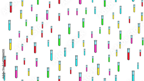 Seamless pattern texture of endless repeating long multi-colored medical chemical glass scientific test tubes of flasks cans on white background. Vector illustration