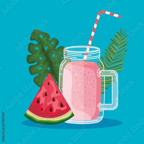 watermelon fruit with smoothie beverage and leaves plants