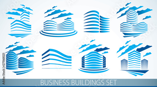 Office buildings set, modern architecture vector illustrations. Real estate realty business center designs. 3D futuristic facades in big city. Can be used as a logos or icons.