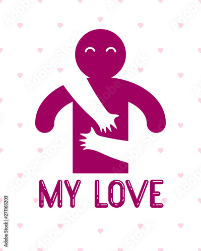 Loved man with care hands of a lover woman hugging and caresses his chest, vector icon logo or illustration in simplistic symbolic style.