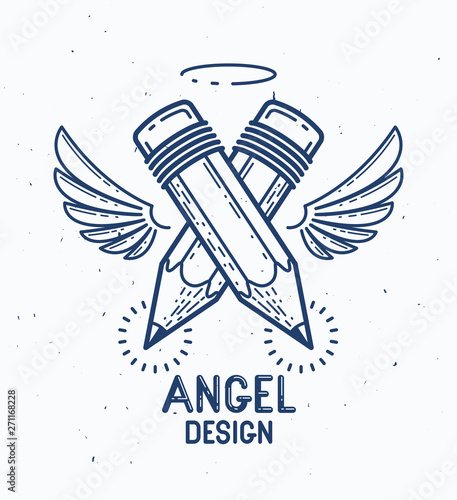 Two crossed pencils with wings and nimbus, vector simple trendy logo or icon for designer or studio, creative spirit, angel design, linear style.