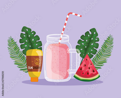 watermelon fruit with smoothie beverage and suncream with leaves