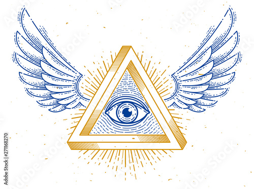 All seeing eye of god in sacred geometry triangle with bird wings of falcon or angel, masonry and illuminati symbol, vector logo or emblem design element.