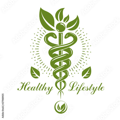 Caduceus vector conceptual emblem created with snakes and green leaves. Wellness and harmony metaphor. Alternative medicine concept, phytotherapy logo.
