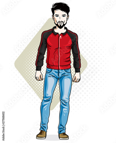 Handsome brunet young man standing. Vector illustration of man with beard and whiskers wearing stylish casual clothes.