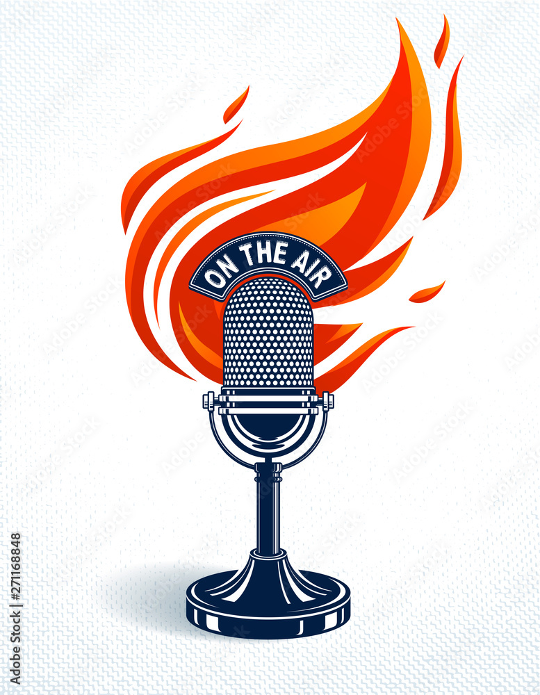 Valle Prisionero Tortuga Vintage microphone on fire, hot mic in flames, studio recording music, on  the air typing, vector logo or illustration, live radio translation,  standup comedy, t-shirt print. vector de Stock | Adobe Stock