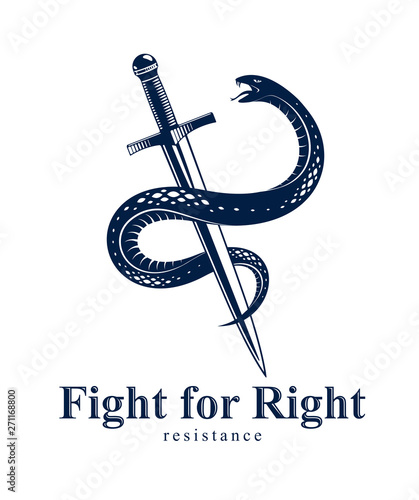 Snake and Dagger, Serpent wraps around a sword vector vintage tattoo, Roman god Mercury, luck and trickery, allegorical logo or emblem of ancient symbol.