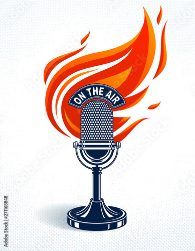 Vintage microphone on fire, hot mic in flames, studio recording music, on the air typing, vector logo or illustration, live radio translation, standup comedy, t-shirt print.