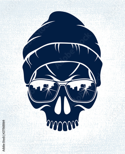 Gangster skull vector logo, icon or tattoo, urban stylish aggressive criminal scull.
