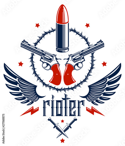 Bullets and guns vector emblem of Revolution and War, logo or tattoo with lots of different design elements, anarchy and chaos concept, criminal and gangster style, social tension theme.