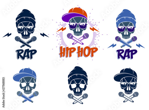 Rap music vector set logos or emblems with aggressive skull and
