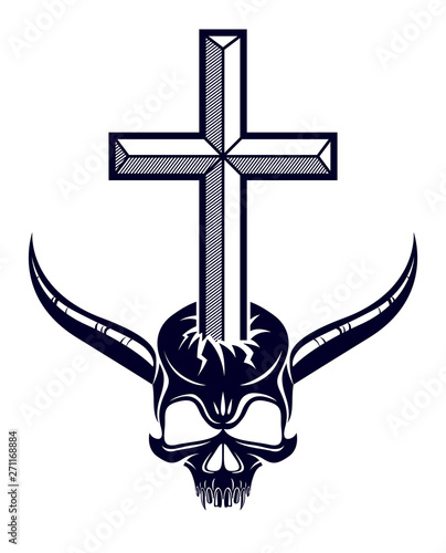 Christian cross kills dead head skull of Satan, Devil and God fight, good and evil struggles, good always defeats evil.
