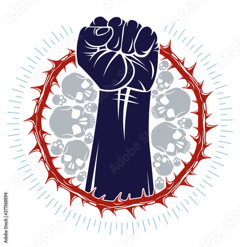 Strong hand clenched fist fighting for freedom against blackthorn thorn slavery theme illustration, vector logo or tattoo, through the thorns to the stars concept.