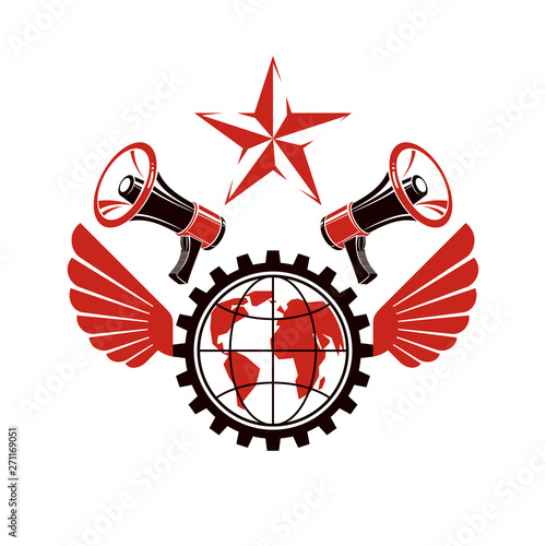 Simple vector emblem created using Earth planet illustration composed with wings, industrial gear and loudspeakers equipment. Propaganda as the method of global ideology imposing.
