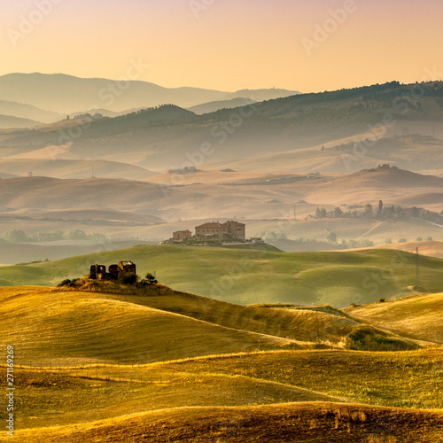 Tuscan Farmland with Villas and Villages at Dawn