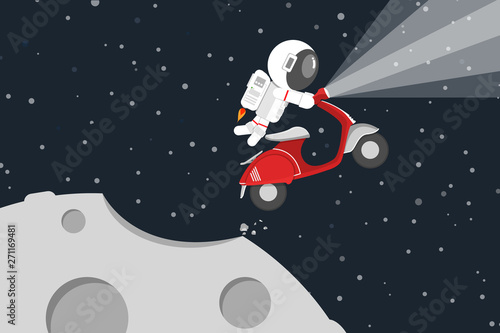 Flat design, Astronaut driving red motorcycle drifting out into space at the moon, Vector illustration, Infographic Element