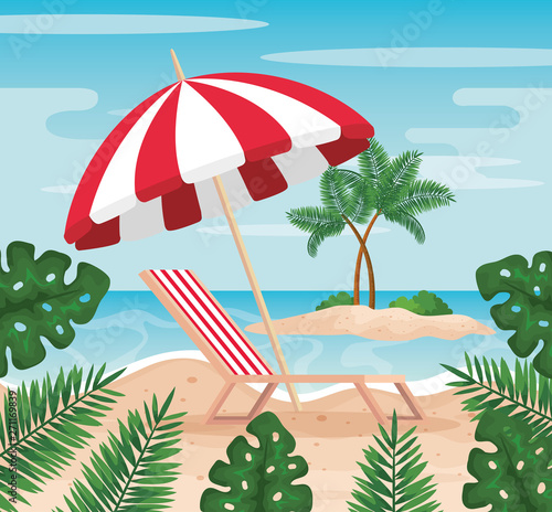 tanning chair with umbrella and leaves plants in the beach