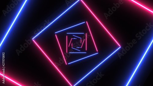 Abstract background with neon squares with Light Lines Moving Fast. Different Colors Background. Futuristic Tunnel with Neon Lights.