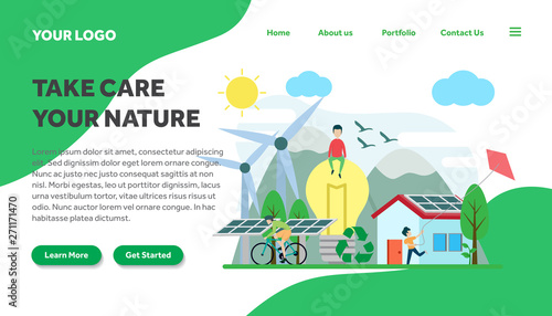 ecology and environment creative illustration vector for landing page , small people in ecology and environment illustration vector , save the planet, save energy, Earth Day landing page