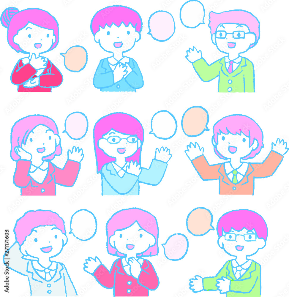 Pop Illustration of cute working people having a conversation set Pop Illustration of cute working people having a conversation set