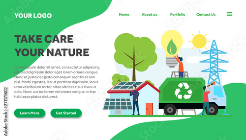 ecology and environment creative illustration vector for landing page , small people in ecology and environment illustration vector , save the planet, save energy, Earth Day landing page