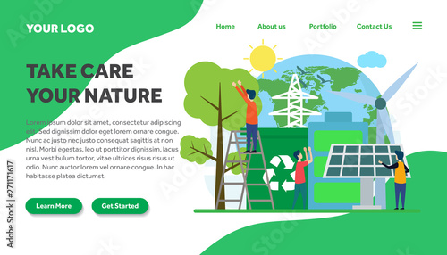 ecology and environment creative illustration vector for landing page , small people in ecology and environment illustration vector , save the planet, save energy, Earth Day landing page