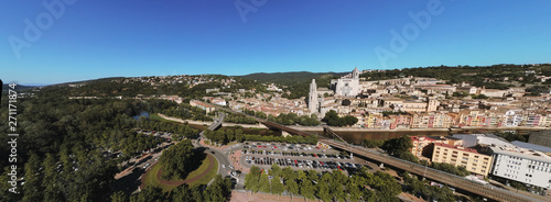 Aerial view in Girona  city of Catalonia Spain. Drone Photo