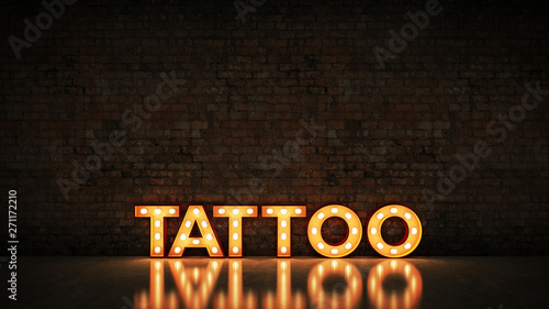 Neon Sign on Brick Wall background - Tattoo. 3d rendering