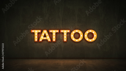 Neon Sign on Brick Wall background - Tattoo. 3d rendering