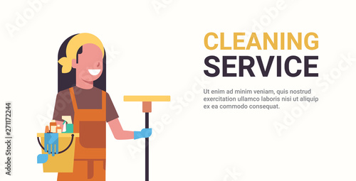 woman janitor holding bucket with tools and mop cleaning service concept smiling female worker portrait horizontal copy space flat