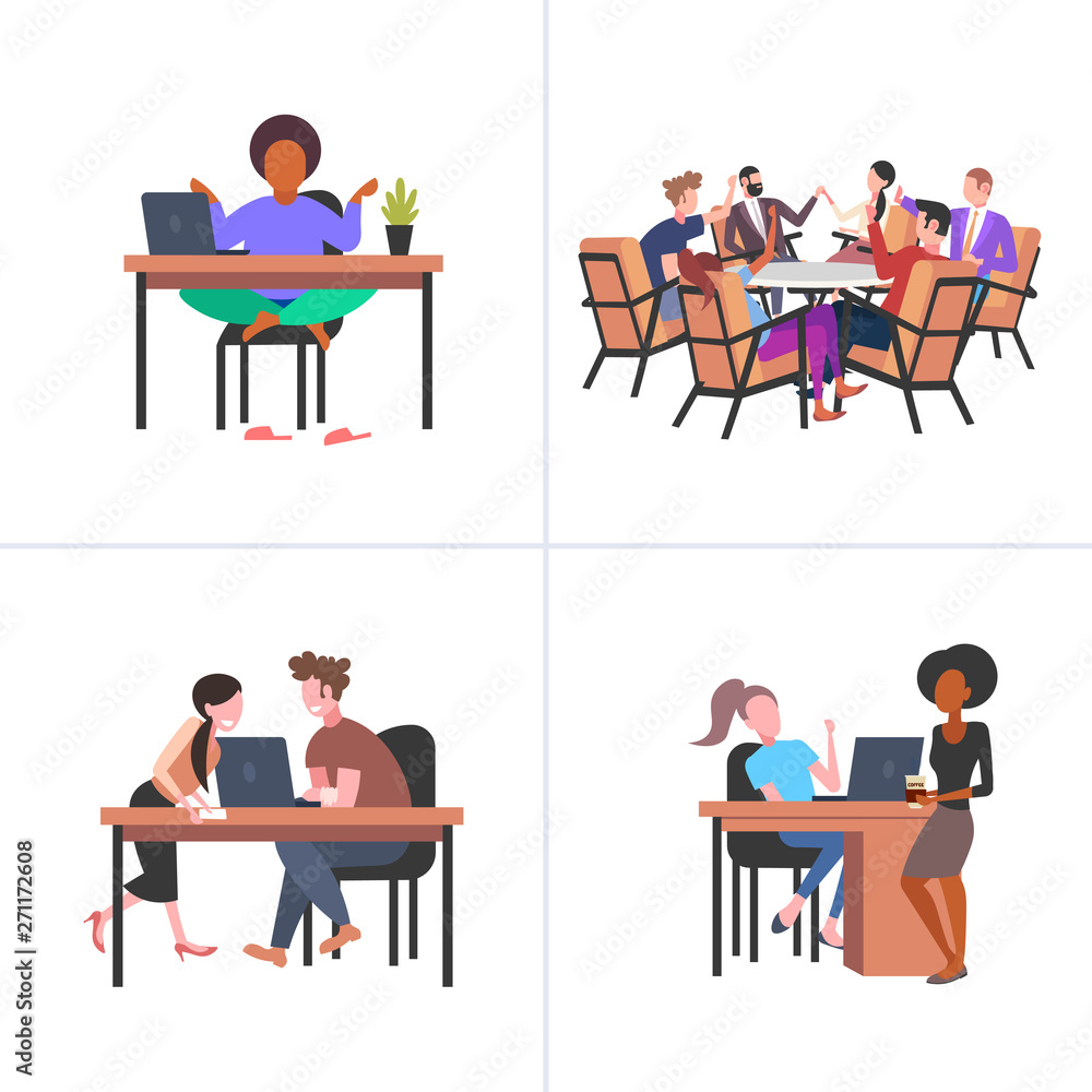 set colleagues working process mix race businesspeople various business corporate situation concepts collection flat full length