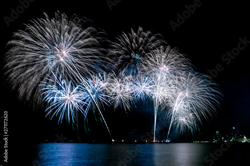 Beautiful colorful fireworks, at International fireworks at Pattaya International Fireworks Festival 2019 on May 24-25, 2019 in Pattaya,Thailand