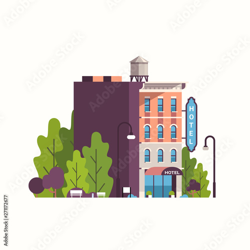 modern hotel house exterior hostel building for business facade landscape background flat