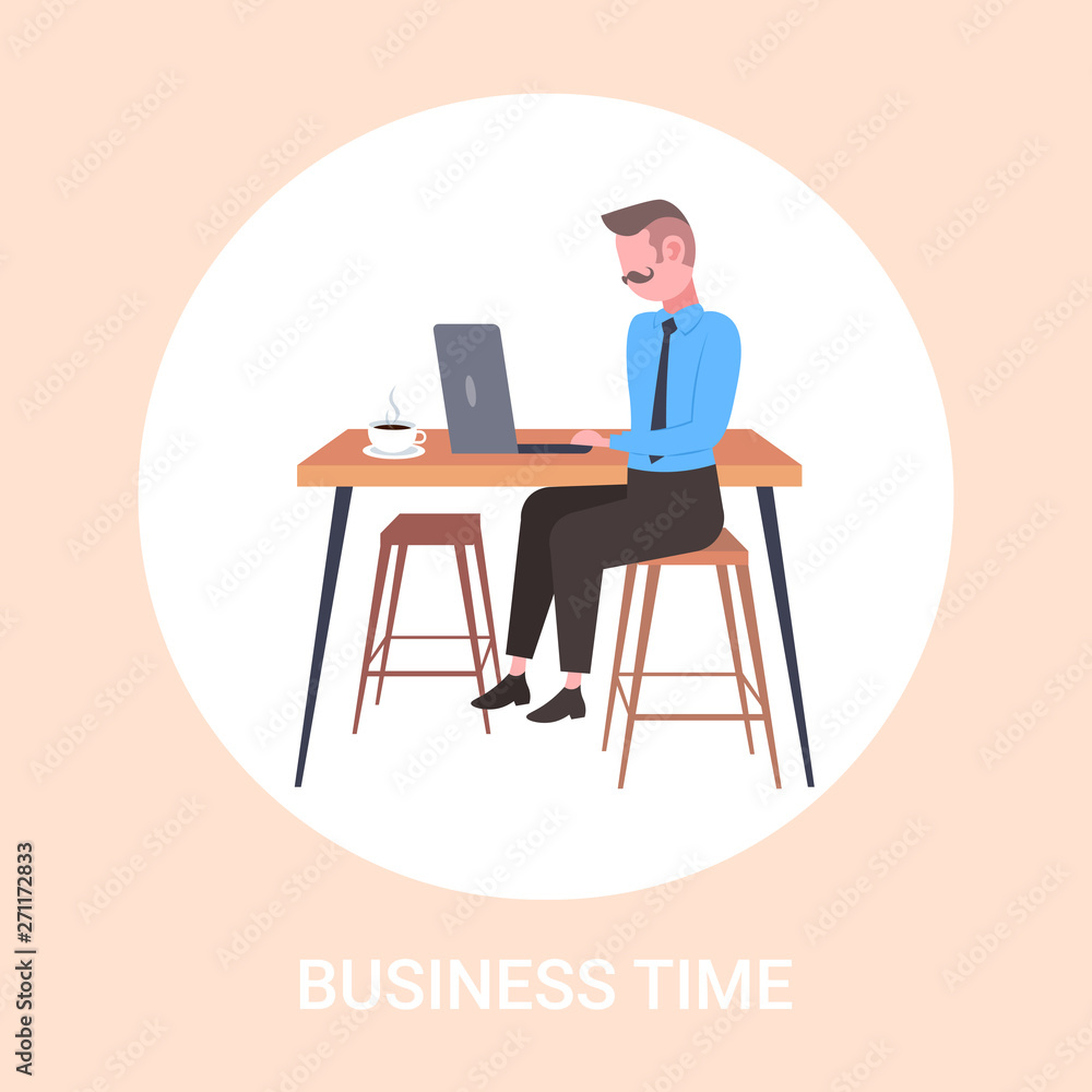 businessman sitting at workplace desk business man using laptop working process concept flat full length businessman sitting at workplace desk business man using laptop working process concept flat full length