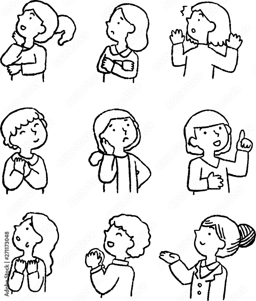 Monochrome Illustration of hand drawn cute woman pointing sideways set Monochrome Illustration of hand drawn cute woman pointing sideways set