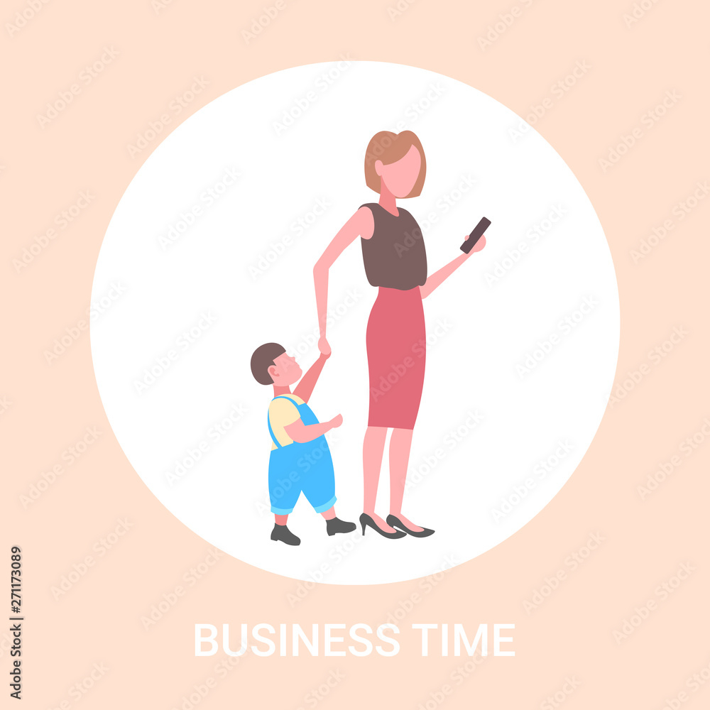 business woman using cellphone while walking with little child son want attention from mother smartphone addiction concept flat full length