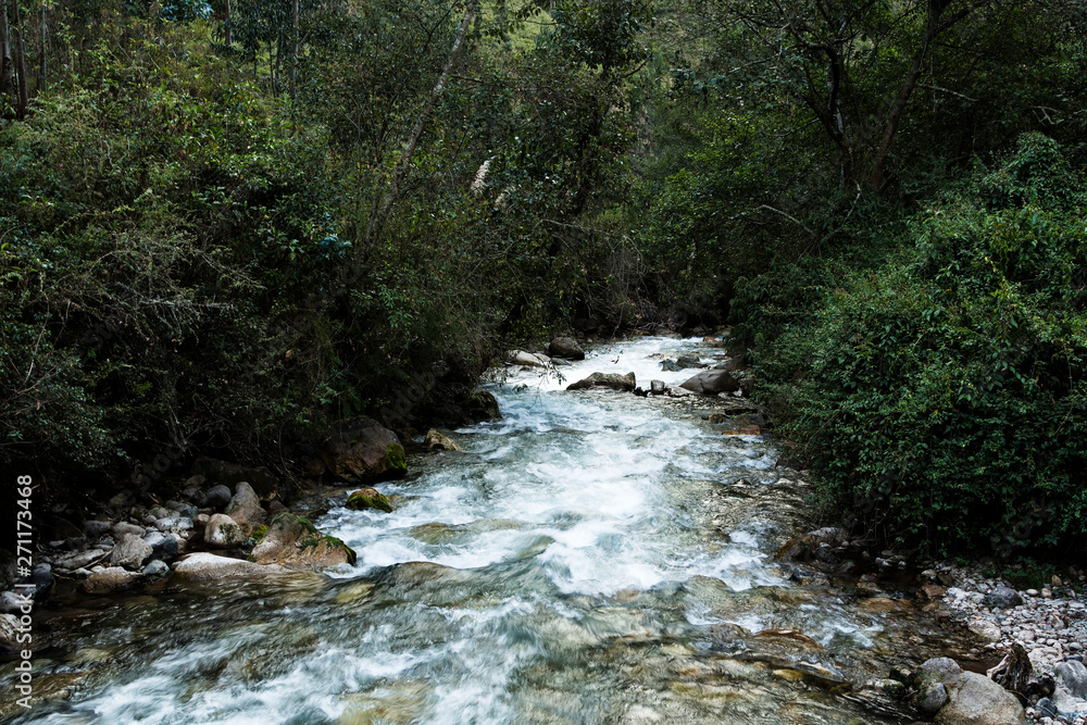 River Running Over Rocks Peru South America With Thick Growth River Running Over Rocks Peru South America With Thick Growth