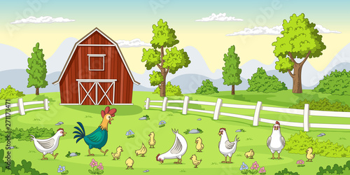 Cartoon chickens on a farm. Summer Landscape with red house and fence. 