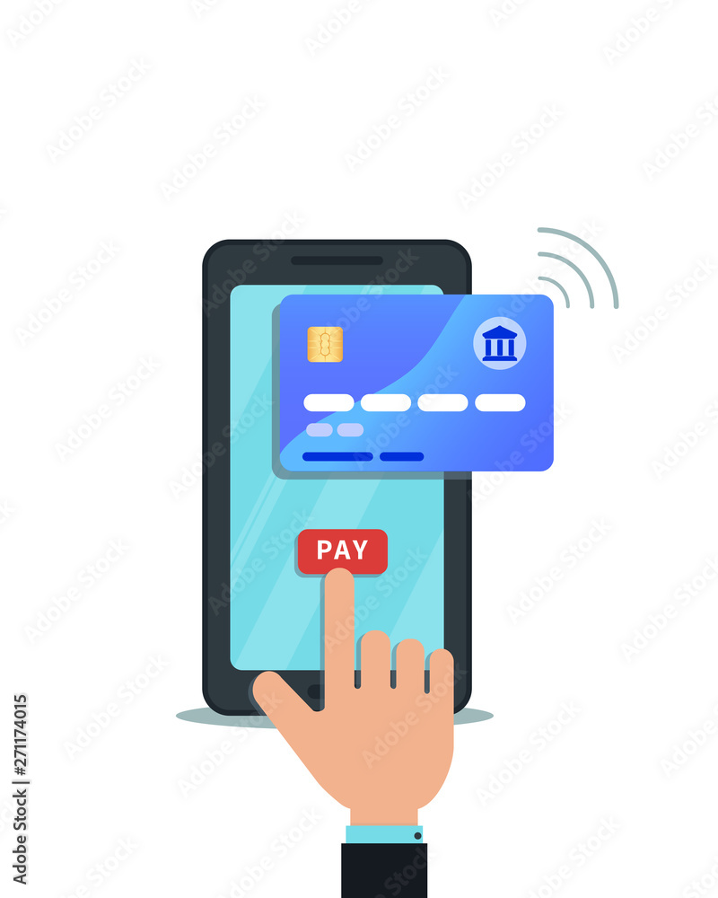 Flat design of instant online mobile payment, shopping concept. Hand finger touching pay button on smartphone screen, checkout processing. Wireless money transfer, nfc technology. Digital wallet Flat design of instant online mobile payment, shopping concept. Hand finger touching pay button on smartphone screen, checkout processing. Wireless money transfer, nfc technology. Digital wallet