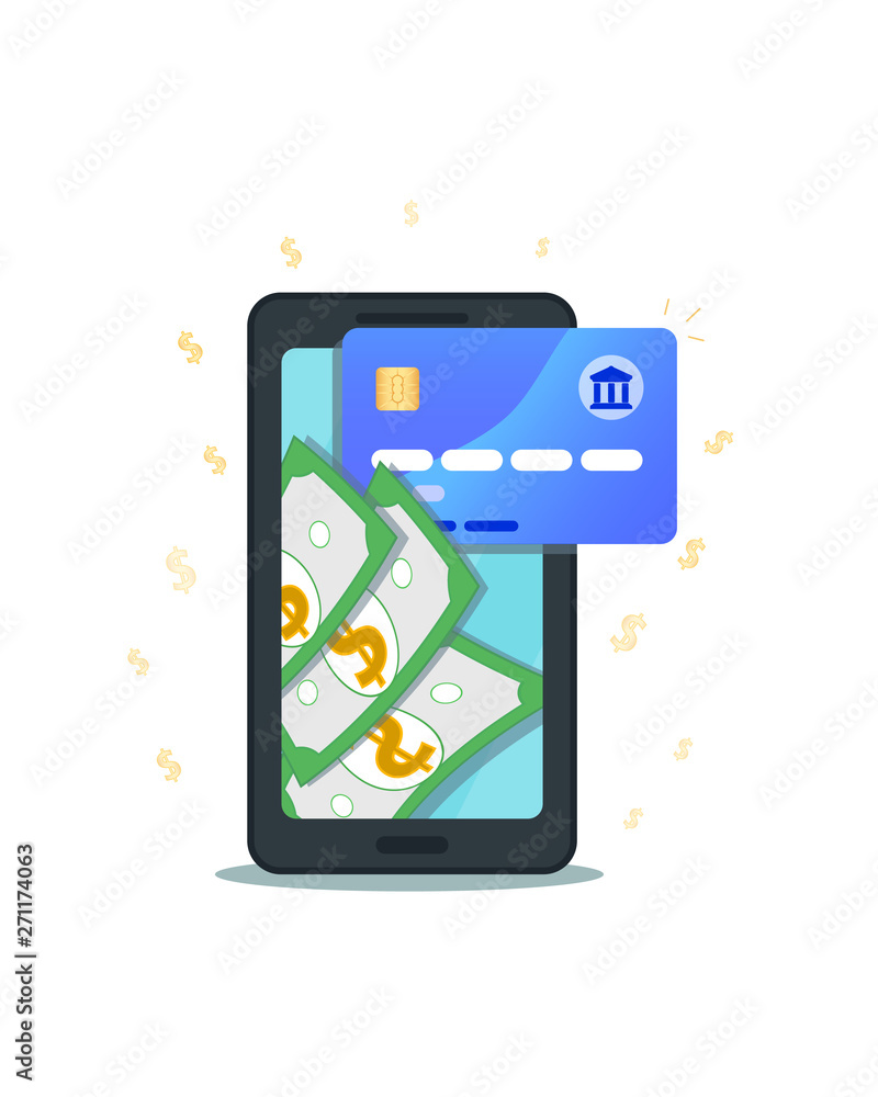 Online mobile payment service concept. Wireless money transfer with flat smartphone, nfc credit card and dollar signs isolated on white background. Online banking. Digital wallet. Passive income Online mobile payment service concept. Wireless money transfer with flat smartphone, nfc credit card and dollar signs isolated on white background. Online banking. Digital wallet. Passive income