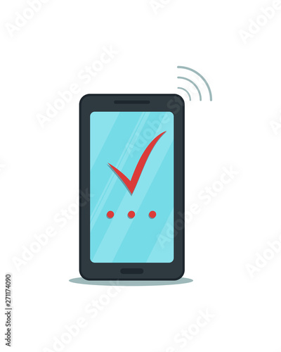 Smartphone with red check mark and three dots screen isolated on white background. Flat mobile phone with tick icon. Concept of digital signature, vote checkbox, yes button, agreement, survey complete
