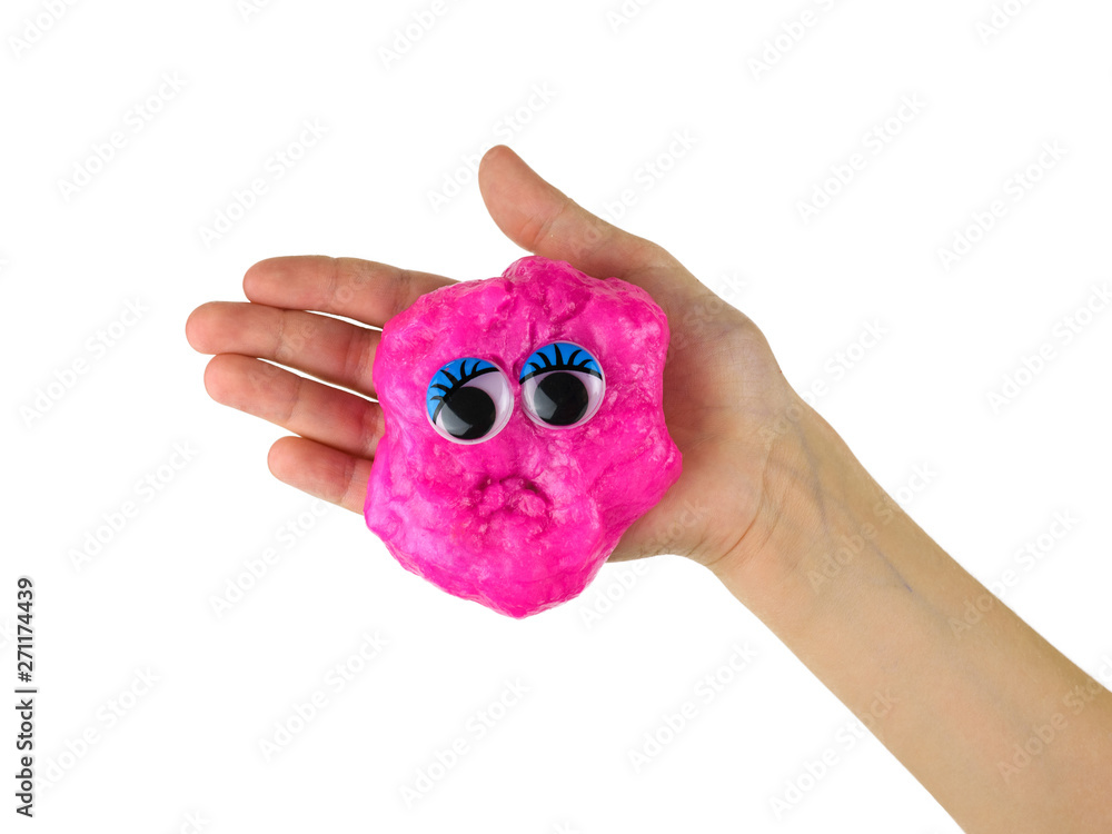 White Slime in Child Hands on Pink Background. Stock Image - Image