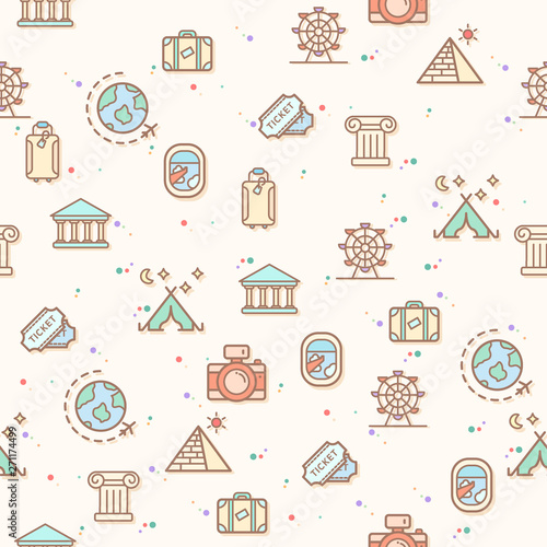 colorful travel and trip seamless pattern. Collection Of plane, tickets, amusement park, camera, tent and more. Flat illustration style and colorful background. 