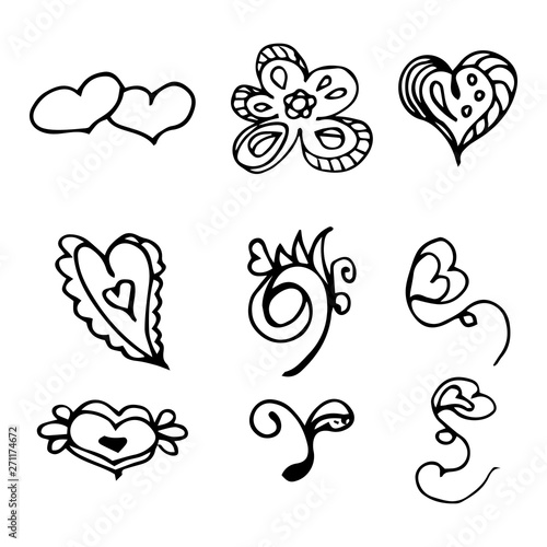 Flowers and hearts hand drawn doodle collection isolated on white background. 6 floral graphic elements. Big vector set. Outline collection