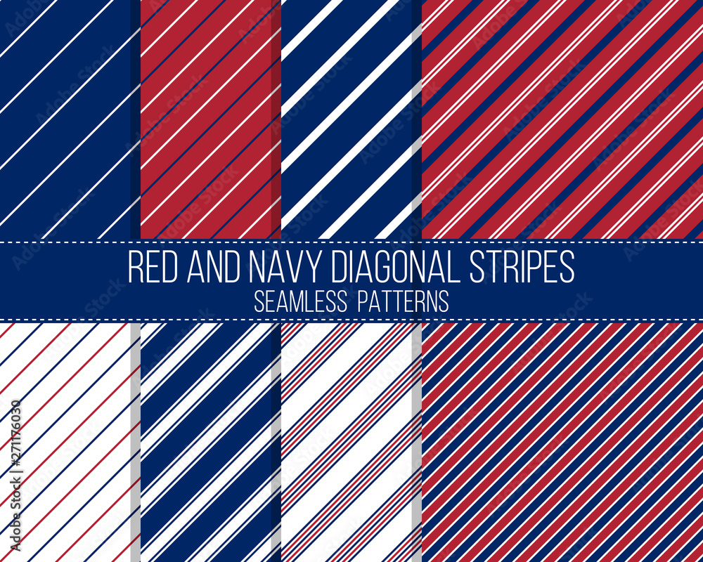 Obraz premium red and navy diagonal stripes, seamless patterns set