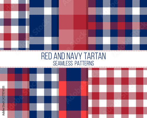 red and navy tartan, seamless patterns set