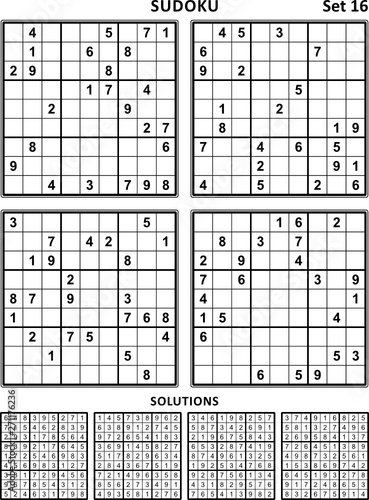 Four sudoku puzzles of comfortable (easy, yet not very easy) level, on A4 or Letter sized page with margins, suitable for large print books, answers included. Set 16.