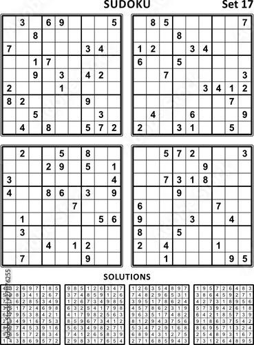 Four sudoku puzzles of comfortable (easy, yet not very easy) level, on A4 or Letter sized page with margins, suitable for large print books, answers included. Set 17.