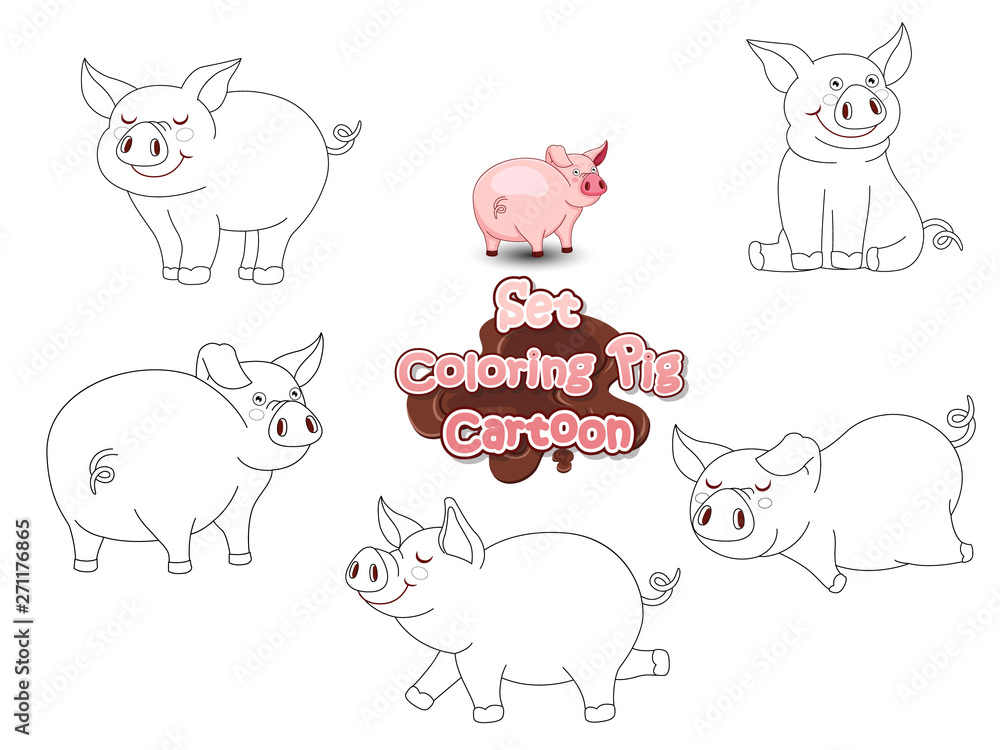 Set Coloring the Cute Cartoon Pig. Educational Game for Kids. Vector illustration With Cartoon Funny Animal Frame